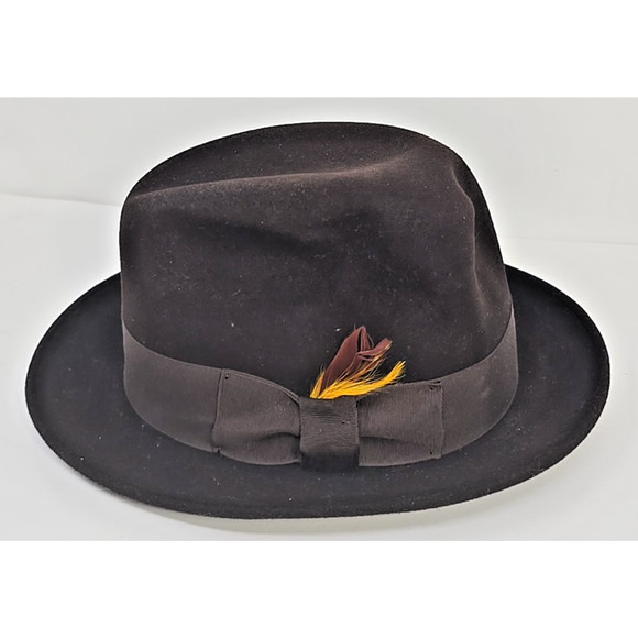 Vintage Godfather Dyna Felt Fedora Brown Hat W/ Feathers 7 1/8" Bee Hats U151 - Picture 1 of 9